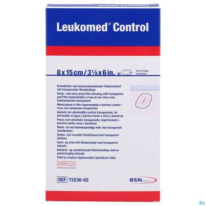Sie sehen eine Packung Wundverband Leukomed/control Transparent 8x15cm 7323002 10st, Produktbild: 01 Wundverband Leukomed/control Transparent 8x15cm 7323002 10st, A-Nr.: 4387579 - 01