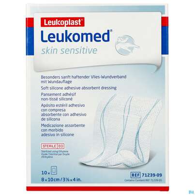 Sie sehen eine Packung Wundverband Leukomed/skin Sensitive Vliesverband +auflage Steril 8x10cm 10st, Produktbild: 01 Wundverband Leukomed/skin Sensitive Vliesverband +auflage Steril 8x10cm 10st, A-Nr.: 5609042 - 01