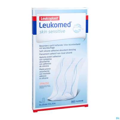 Sie sehen eine Packung Wundverband Leukomed/skin Sensitive Vliesverband +auflage Steril 8x15cm 5st, Produktbild: 02 Wundverband Leukomed/skin Sensitive Vliesverband +auflage Steril 8x15cm 5st, A-Nr.: 5609013 - 02