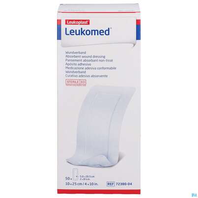 Sie sehen eine Packung Wundverband Leukomed/steril Verklebungsschutz 10x25cm 50st, Produktbild: 01 Wundverband Leukomed/steril Verklebungsschutz 10x25cm 50st, A-Nr.: 3072939 - 01