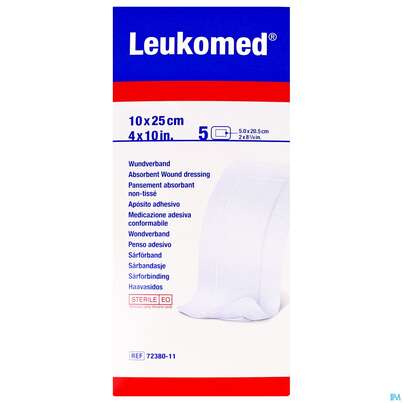 Sie sehen eine Packung Wundverband Leukomed/steril Verklebungsschutz 10x25cm 5st, Produktbild: 01 Wundverband Leukomed/steril Verklebungsschutz 10x25cm 5st, A-Nr.: 3896899 - 01