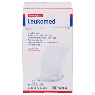 Sie sehen eine Packung Wundverband Leukomed/steril Verklebungsschutz 8x15cm 50st, Produktbild: 01 Wundverband Leukomed/steril Verklebungsschutz 8x15cm 50st, A-Nr.: 3072916 - 01