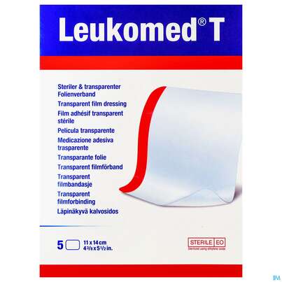 Sie sehen eine Packung Wundverband Leukomed/t Folienverband/o.auflage Steril 11x14cm 7238105 5st, Produktbild: 01 Wundverband Leukomed/t Folienverband/o.auflage Steril 11x14cm 7238105 5st, A-Nr.: 3091138 - 01