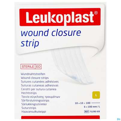Sie sehen eine Packung Wundverband Wundnahtstreifen/steril Leukoplast/weiss Closure Strip 6x100mm 100st, Produktbild: 01 Wundverband Wundnahtstreifen/steril Leukoplast/weiss Closure Strip 6x100mm 100st, A-Nr.: 3258762 - 01