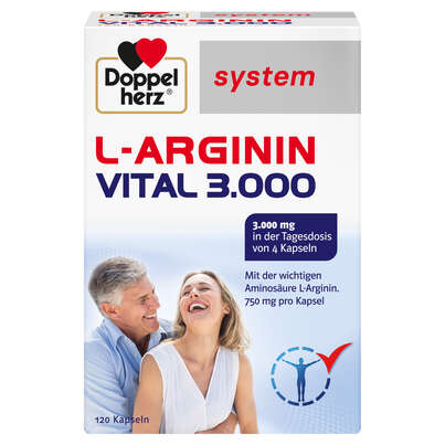 Sie sehen eine Packung Doppelherz system L-ARGININ VITAL 3.000, Produktbild: 01 Doppelherz system L-ARGININ VITAL 3.000, A-Nr.: 4195615 - 01