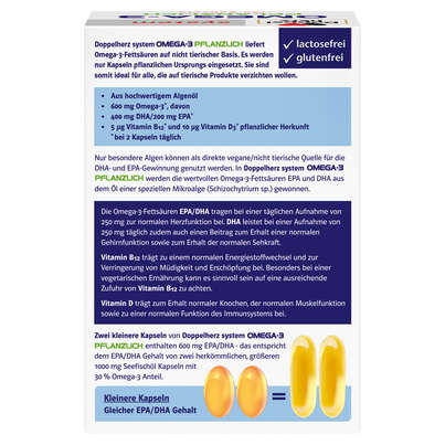 Sie sehen eine Packung Doppelherz system OMEGA-3 PFLANZLICH Herzfunktion + Immunsystem, Produktbild: 02 Doppelherz system OMEGA-3 PFLANZLICH Herzfunktion + Immunsystem, A-Nr.: 5677061 - 02