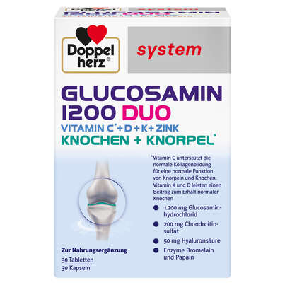 Sie sehen eine Packung Doppelherz system GLUCOSAMIN 1200 DUO KNOCHEN + KNORPEL, Produktbild: 01 Doppelherz system GLUCOSAMIN 1200 DUO KNOCHEN + KNORPEL, A-Nr.: 5678066 - 01
