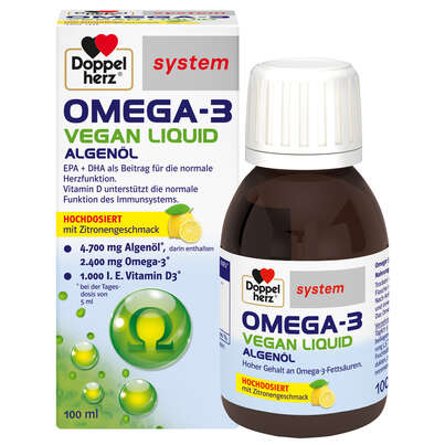 Sie sehen eine Packung Doppelherz system OMEGA-3 VEGAN LIQUID Herzfunktion + Immunsystem, Produktbild: 01 Doppelherz system OMEGA-3 VEGAN LIQUID Herzfunktion + Immunsystem, A-Nr.: 5677581 - 01