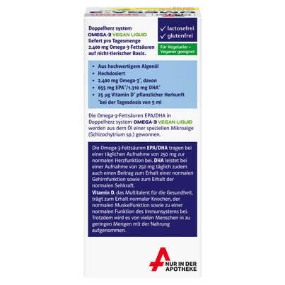 Sie sehen eine Packung Doppelherz system OMEGA-3 VEGAN LIQUID Herzfunktion + Immunsystem, Produktbild: 04 Doppelherz system OMEGA-3 VEGAN LIQUID Herzfunktion + Immunsystem, A-Nr.: 5677581 - 04
