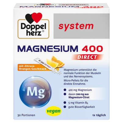 Sie sehen eine Packung Doppelherz system MAGNESIUM 400 DIRECT Micro-Pellets, Produktbild: 01 Doppelherz system MAGNESIUM 400 DIRECT Micro-Pellets, A-Nr.: 4842351 - 01