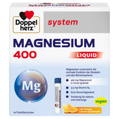 Sie sehen eine Packung Doppelherz system MAGNESIUM 400 LIQUID Trinkfertig für daheim und unterwegs, Produktbild: 01 Doppelherz system MAGNESIUM 400 LIQUID Trinkfertig für daheim und unterwegs, A-Nr.: 5698353 - 01