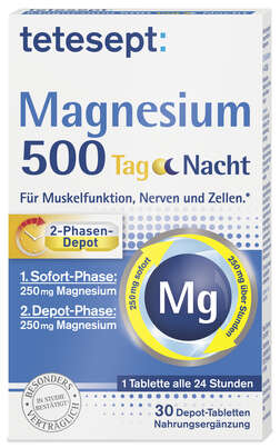 Sie sehen eine Packung Tetesept Magnesium 500 Tag Nacht, Produktbild: 01 Tetesept Magnesium 500 Tag Nacht, A-Nr.: 5608083 - 01