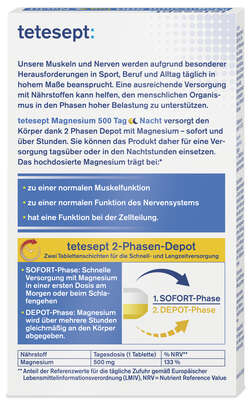 Sie sehen eine Packung Tetesept Magnesium 500 Tag Nacht, Produktbild: 02 Tetesept Magnesium 500 Tag Nacht, A-Nr.: 5608083 - 02