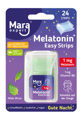 Sie sehen eine Packung Melatonin Easy Strips 1 mg, Produktbild: 01 Melatonin Easy Strips 1 mg, A-Nr.: 5942706 - 01