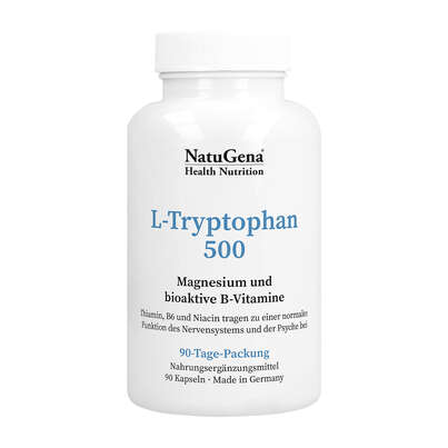 Sie sehen eine Packung NatuGena L-Tryptophan 500 Kapseln, Produktbild: 01 NatuGena L-Tryptophan 500 Kapseln, A-Nr.: 5926860 - 01