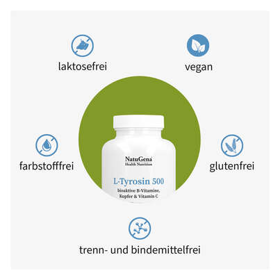 Sie sehen eine Packung NatuGena L-Tyrosin 500 Kapseln, Produktbild: 03 NatuGena L-Tyrosin 500 Kapseln, A-Nr.: 5926802 - 03