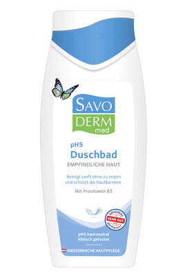 Sie sehen eine Packung Savoderm pH5 Duschbad empfindliche Haut, Produktbild: 01 Savoderm pH5 Duschbad empfindliche Haut, A-Nr.: 3589507 - 01