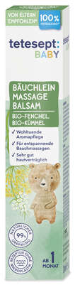 Sie sehen eine Packung TETESEPT BABY Bäuchlein Balsam, Produktbild: 03 TETESEPT BABY Bäuchlein Balsam, A-Nr.: 5930063 - 03