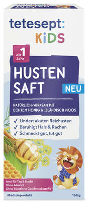 Sie sehen eine Packung Tetesept KIDS Husten Saft, Produktbild: 01 Tetesept KIDS Husten Saft, A-Nr.: 5929947 - 01