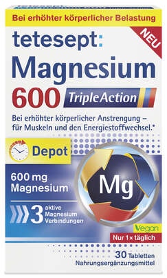Sie sehen eine Packung Tetesept Magnesium 600 Triple Action, Produktbild: 01 Tetesept Magnesium 600 Triple Action, A-Nr.: 5929924 - 01