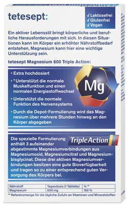 Sie sehen eine Packung Tetesept Magnesium 600 Triple Action, Produktbild: 02 Tetesept Magnesium 600 Triple Action, A-Nr.: 5929924 - 02
