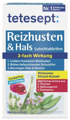 Sie sehen eine Packung tetesept Reizhusten & Hals Lutschtabletten 20Stk, Produktbild: 01 tetesept Reizhusten & Hals Lutschtabletten 20Stk, A-Nr.: 4137799 - 01