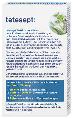Sie sehen eine Packung tetesept Reizhusten & Hals Lutschtabletten 20Stk, Produktbild: 03 tetesept Reizhusten & Hals Lutschtabletten 20Stk, A-Nr.: 4137799 - 03