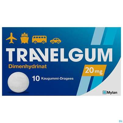 Sie sehen eine Packung Travel-gum Kaugummi-drag 20mg 10st, Produktbild: 01 Travel-gum Kaugummi-drag 20mg 10st, A-Nr.: 0458704 - 01