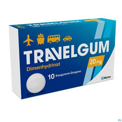 Sie sehen eine Packung Travel-gum Kaugummi-drag 20mg 10st, Produktbild: 02 Travel-gum Kaugummi-drag 20mg 10st, A-Nr.: 0458704 - 02