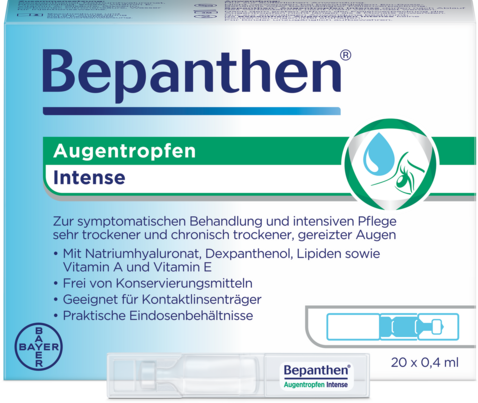 Sie sehen eine Packung Bepanthen® Augentropfen Intense - Einzeldosen, Produktbild: 01 Bepanthen® Augentropfen Intense - Einzeldosen, A-Nr.: 5902517 - 01