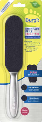 Sie sehen eine Packung Burgit Hornhaut Feile Edelstahl, Produktbild: 01 Burgit Hornhaut Feile Edelstahl, A-Nr.: 5599131 - 01