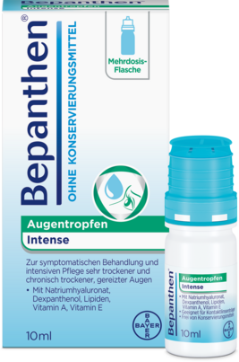 Sie sehen eine Packung Bepanthen® Augentropfen Intense, Produktbild: 01 Bepanthen® Augentropfen Intense, A-Nr.: 5902500 - 01