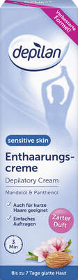 Sie sehen eine Packung Depilan Enthaarungscreme sensitiv skin 100ml, Produktbild: 01 Depilan Enthaarungscreme sensitiv skin 100ml, A-Nr.: 4555781 - 01