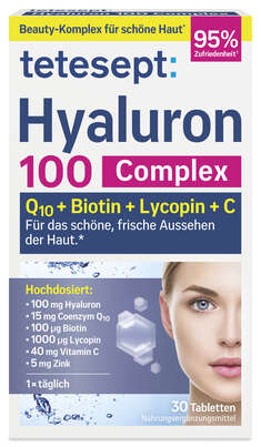 Sie sehen eine Packung Tetesept Hyaluron 100mg, Produktbild: 01 Tetesept Hyaluron 100mg, A-Nr.: 5830002 - 01
