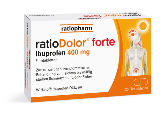 Sie sehen eine Packung ratioDolor® forte Ibuprofen 400 mg Filmtabletten, Produktbild: 01 ratioDolor® forte Ibuprofen 400 mg Filmtabletten, A-Nr.: 5536142 - 01
