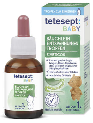 Sie sehen eine Packung Tetesept Baby Bäuchlein Entspannungstropfen 20ml, Produktbild: 01 Tetesept Baby Bäuchlein Entspannungstropfen 20ml, A-Nr.: 5876702 - 01
