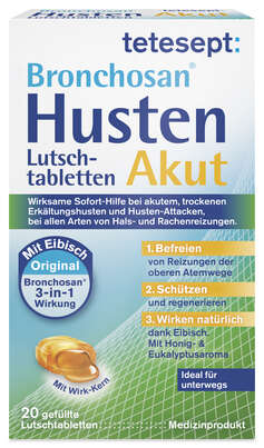 Sie sehen eine Packung tetesept Bronchosan Husten Akut Ltbl. 20 Stk, Produktbild: 01 tetesept Bronchosan Husten Akut Ltbl. 20 Stk, A-Nr.: 5388641 - 01