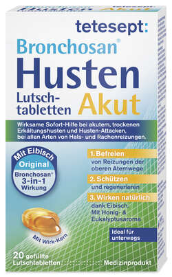 Sie sehen eine Packung tetesept Bronchosan Husten Akut Ltbl. 20 Stk, Produktbild: 02 tetesept Bronchosan Husten Akut Ltbl. 20 Stk, A-Nr.: 5388641 - 02