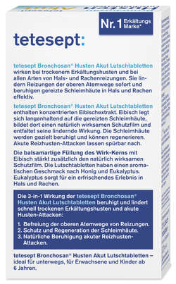 Sie sehen eine Packung tetesept Bronchosan Husten Akut Ltbl. 20 Stk, Produktbild: 04 tetesept Bronchosan Husten Akut Ltbl. 20 Stk, A-Nr.: 5388641 - 04