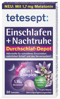 Sie sehen eine Packung Tetesept Einschlafen + Nachtruhe 1,7mg Depot 30 Stk, Produktbild: 01 Tetesept Einschlafen + Nachtruhe 1,7mg Depot 30 Stk, A-Nr.: 5934919 - 01