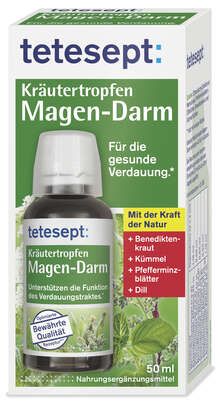 Sie sehen eine Packung Tetesept Kräutertropfen Magen-Darm 50ml, Produktbild: 01 Tetesept Kräutertropfen Magen-Darm 50ml, A-Nr.: 5664822 - 01