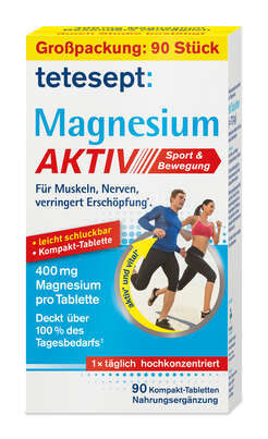 Sie sehen eine Packung Tetesept Magnesium Aktiv 400mg Fta 90 Stk, Produktbild: 01 Tetesept Magnesium Aktiv 400mg Fta 90 Stk, A-Nr.: 5316682 - 01