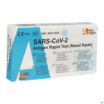 Sie sehen eine Packung Diagnostika U.zubehoer Sars-cov-2/antigen Selbsttest/rapid Alltest 1st, Produktbild: 02 Diagnostika U.zubehoer Sars-cov-2/antigen Selbsttest/rapid Alltest 1st, A-Nr.: 5614818 - 02