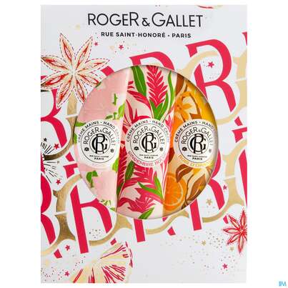 Sie sehen eine Packung Roger & Gallet Xmas/handcreams Set Gr+r+bdo Je 30ml 1st, Produktbild: 01 Roger & Gallet Xmas/handcreams Set Gr+r+bdo Je 30ml 1st, A-Nr.: 5815824 - 01