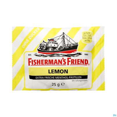 Sie sehen eine Packung Fisherman's Friend Pastillen Ohne Zucker Lemon Beutel 25g, Produktbild: 01 Fisherman's Friend Pastillen Ohne Zucker Lemon Beutel 25g, A-Nr.: 2143790 - 01