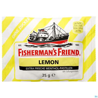 Sie sehen eine Packung Fisherman's Friend Pastillen Ohne Zucker Lemon Beutel 25g, Produktbild: 02 Fisherman's Friend Pastillen Ohne Zucker Lemon Beutel 25g, A-Nr.: 2143790 - 02