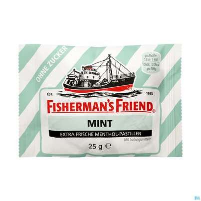 Sie sehen eine Packung Fisherman's Friend Pastillen Ohne Zucker Mint Beutel 25g, Produktbild: 01 Fisherman's Friend Pastillen Ohne Zucker Mint Beutel 25g, A-Nr.: 1365815 - 01