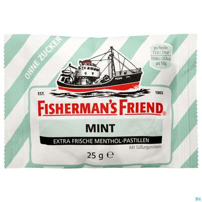 Sie sehen eine Packung Fisherman's Friend Pastillen Ohne Zucker Mint Beutel 25g, Produktbild: 02 Fisherman's Friend Pastillen Ohne Zucker Mint Beutel 25g, A-Nr.: 1365815 - 02