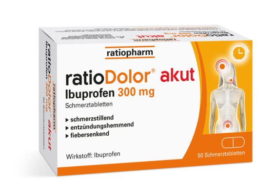 Sie sehen eine Packung ratioDolor® akut Ibuprofen 300 mg Filmtabletten, Produktbild: 01 ratioDolor® akut Ibuprofen 300 mg Filmtabletten, A-Nr.: 5536136 - 01