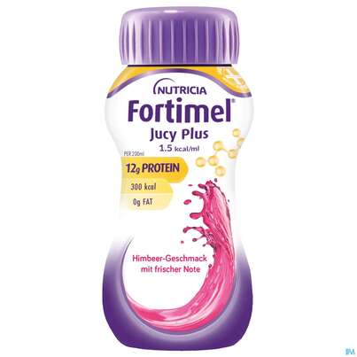 Sie sehen eine Packung Fortimel/jucy Plus Fluessig 200ml Himbeere Frische Note 4st, Produktbild: 02 Fortimel/jucy Plus Fluessig 200ml Himbeere Frische Note 4st, A-Nr.: 5808563 - 02